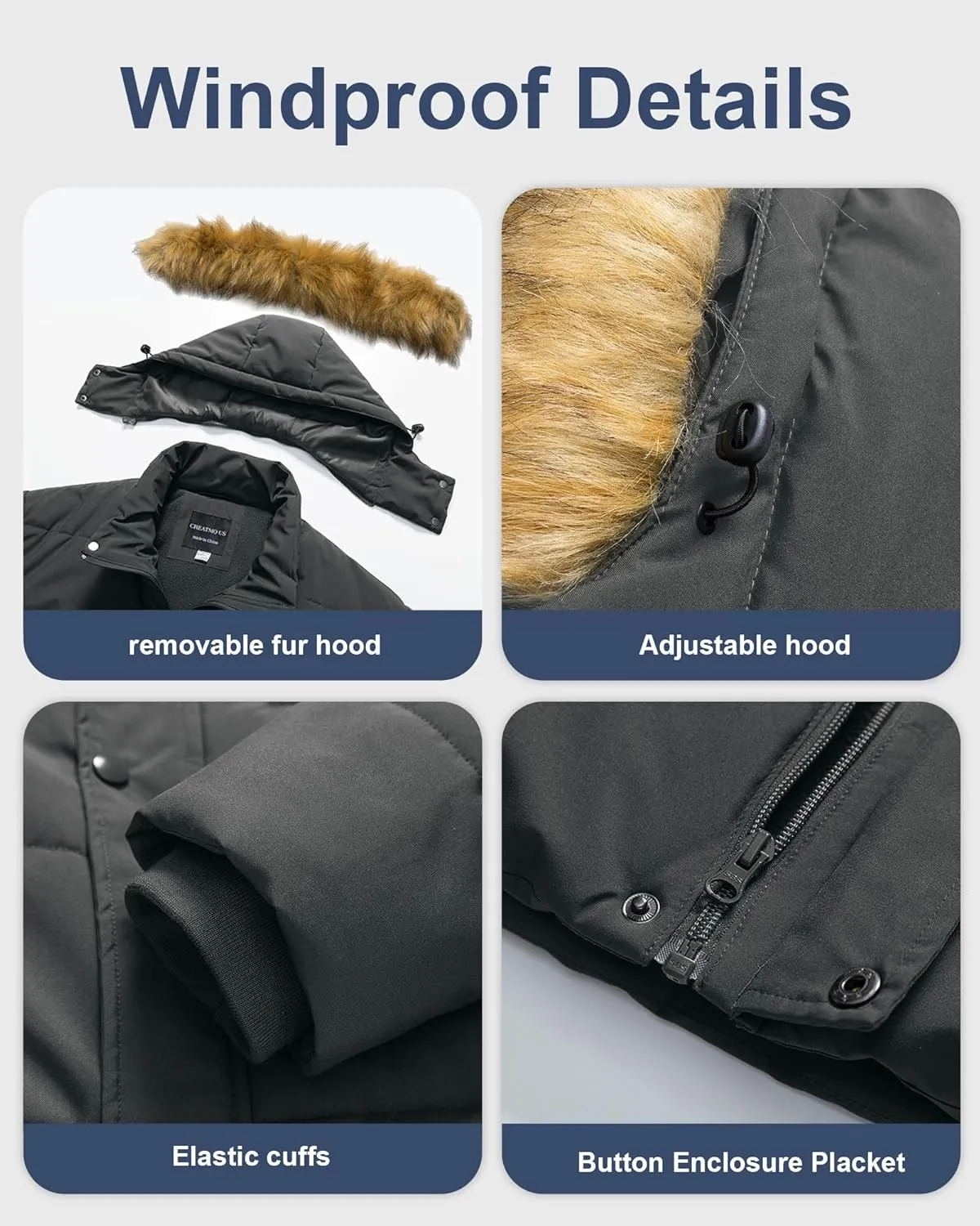 CREATMO US Men's Big and Tall Puffer Jacket Waterproof Winter Coats Fleece Lined Detachable Fur Hood Available In 2X To 6X