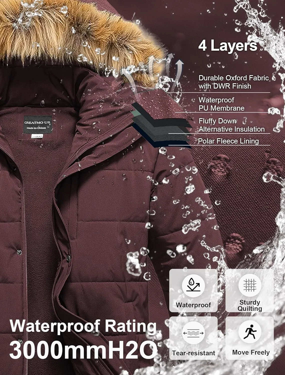 CREATMO US Men's Big and Tall Puffer Jacket Waterproof Winter Coats Fleece Lined Detachable Fur Hood Available In 2X To 6X