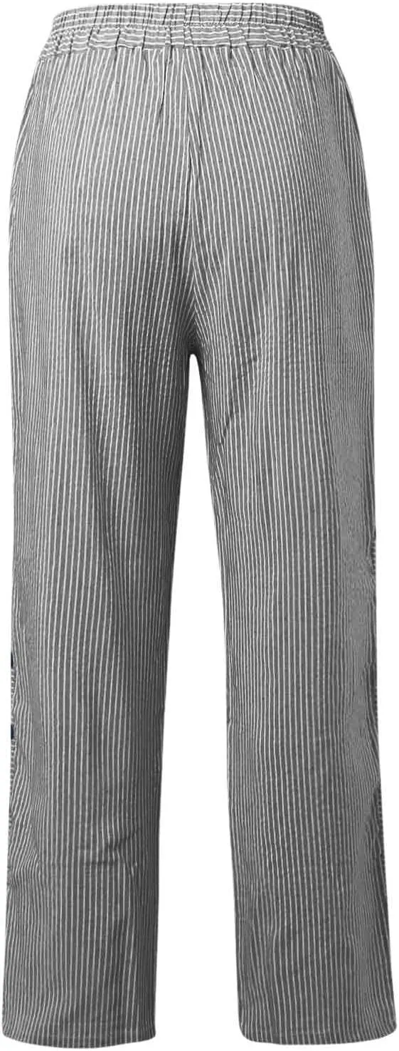 Cropped Pants for Women Striped Side Button Elastic Waist Trendy Pants Wide Leg Capris Pant Comfy Trousers with Pocket