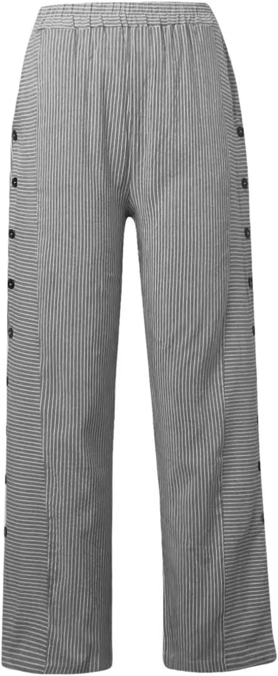 Cropped Pants for Women Striped Side Button Elastic Waist Trendy Pants Wide Leg Capris Pant Comfy Trousers with Pocket