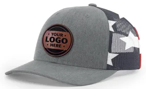 Custom Leather Patch Printed Mesh-Back Trucker Hat R112PM (Heather Grey/Stars & Stripes)