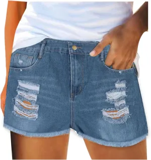 Denim Shorts Women High Waisted Ripped Stretchable Mom Shorts Jeans Solid Cute Raw Hem Hot Shorts Summer Shorts for Women