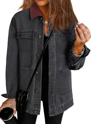 Dokotoo Women's Denim Jacket Oversized Contrast Collar Jean Jackets 2025 Spring Outfits Vintage Long Sleeve Shirts