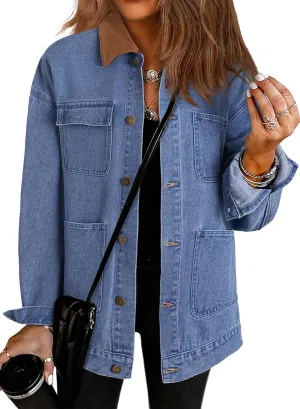 Dokotoo Women's Denim Jacket Oversized Contrast Collar Jean Jackets 2025 Spring Outfits Vintage Long Sleeve Shirts