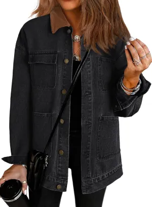 Dokotoo Women's Denim Jacket Oversized Contrast Collar Jean Jackets 2025 Spring Outfits Vintage Long Sleeve Shirts