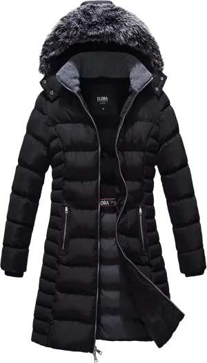 ELORA Women's Winter Parka Vegan-Down Puffer Mid- Length Coat Faux Fur Trim Removable Hood