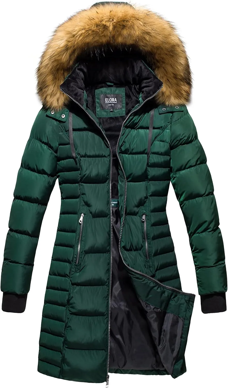 ELORA Women's Winter Parka Vegan-Down Puffer Mid- Length Coat Faux Fur Trim Removable Hood