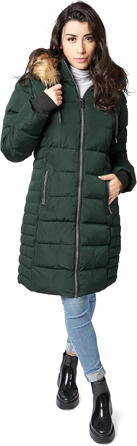 ELORA Women's Winter Parka Vegan-Down Puffer Mid- Length Coat Faux Fur Trim Removable Hood
