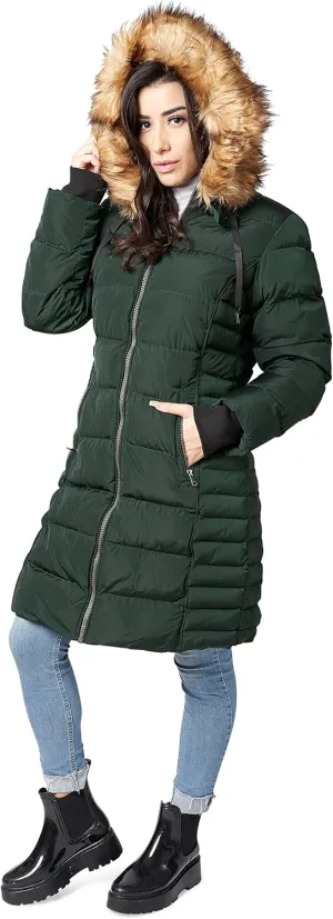 ELORA Women's Winter Parka Vegan-Down Puffer Mid- Length Coat Faux Fur Trim Removable Hood
