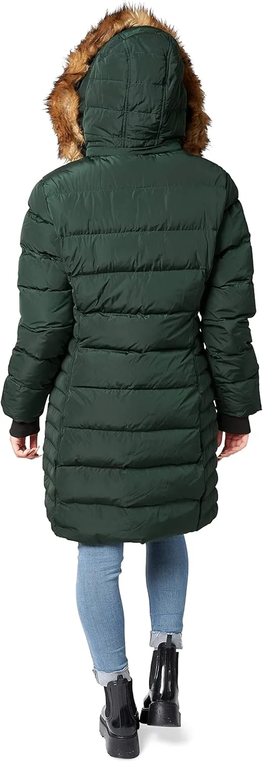 ELORA Women's Winter Parka Vegan-Down Puffer Mid- Length Coat Faux Fur Trim Removable Hood