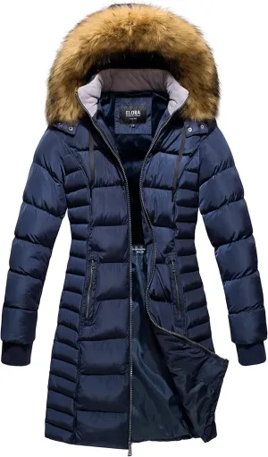 ELORA Women's Winter Parka Vegan-Down Puffer Mid- Length Coat Faux Fur Trim Removable Hood
