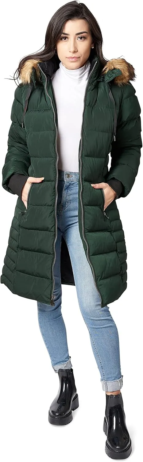 ELORA Women's Winter Parka Vegan-Down Puffer Mid- Length Coat Faux Fur Trim Removable Hood