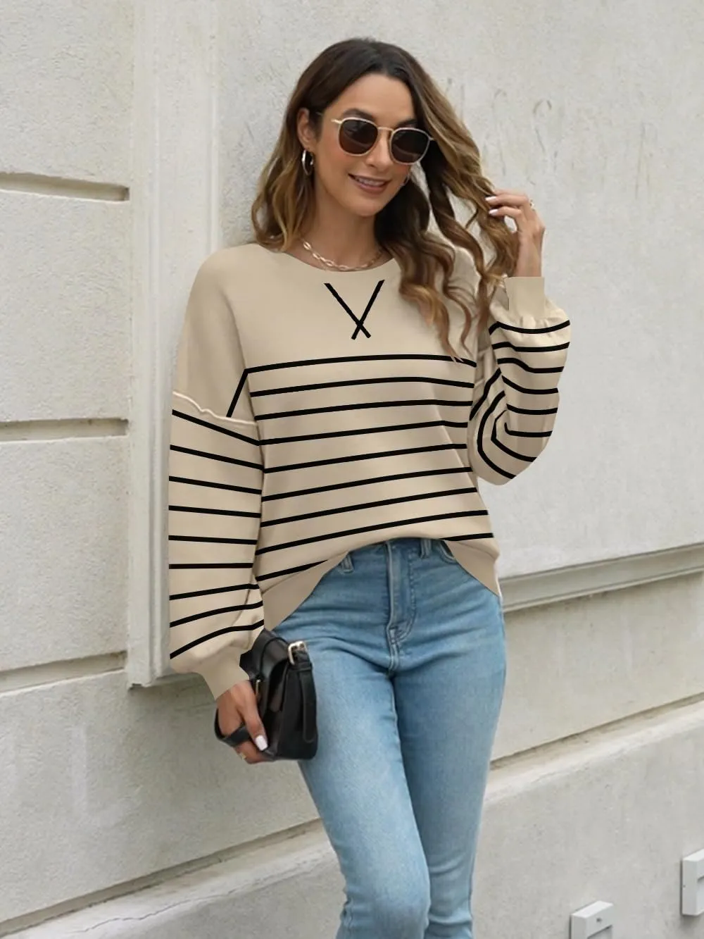 ETCYY Womens Sweaters 2025 Fall Clothes Oversized Long Sleeve Striped Shirts Lightweight Color Block Knit Pullover Tops