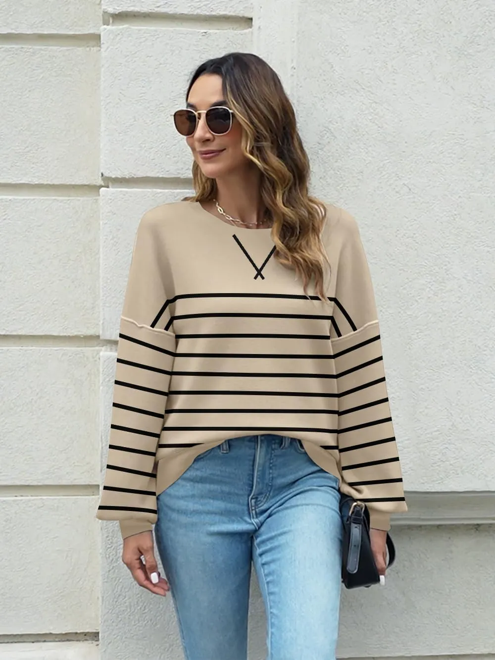 ETCYY Womens Sweaters 2025 Fall Clothes Oversized Long Sleeve Striped Shirts Lightweight Color Block Knit Pullover Tops