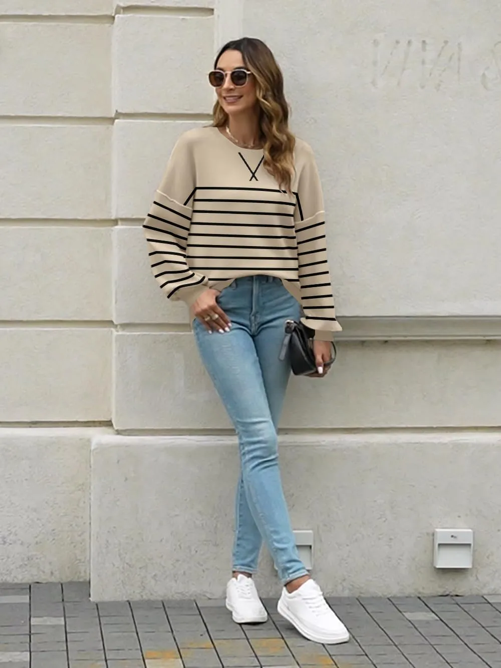 ETCYY Womens Sweaters 2025 Fall Clothes Oversized Long Sleeve Striped Shirts Lightweight Color Block Knit Pullover Tops