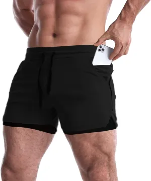 EVERWORTH Men's 2 in 1 Workout Shorts 5" Quick Dry Gym Shorts Bodybuilding Short Shorts Compression Shorts with Zipper Pocket