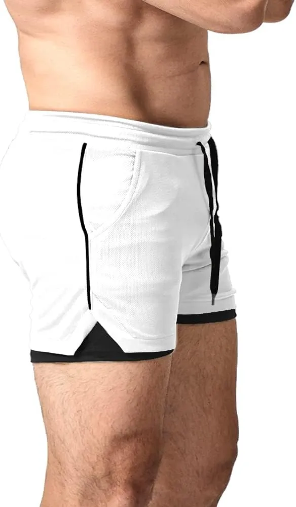 EVERWORTH Men's 2 in 1 Workout Shorts 5" Quick Dry Gym Shorts Bodybuilding Short Shorts Compression Shorts with Zipper Pocket