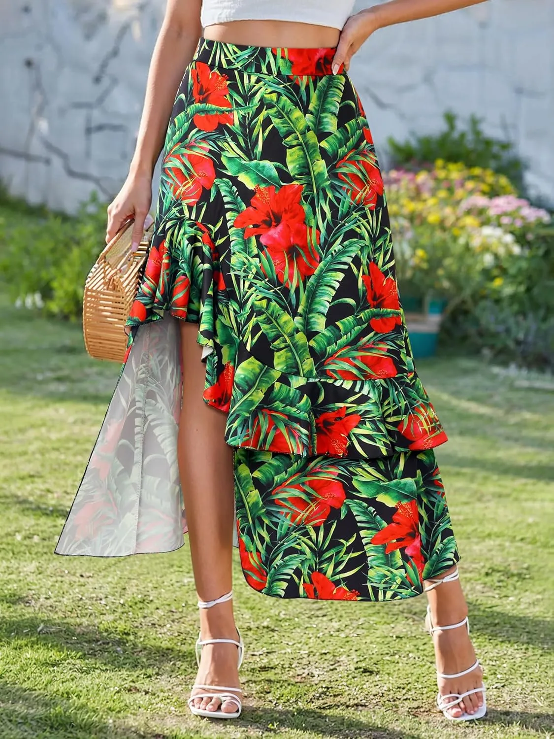 Ezcosplay Women High Waisted Hawaiian Tropical Floral Maxi Skirt Ruffle High Slit Long Skirts with Pockets