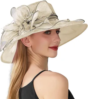 Fascinator Derby Hats for Women 2025 British Organza Church Wide Brim Bridal Tea Party Pearl Floral Bowler Hat Cap