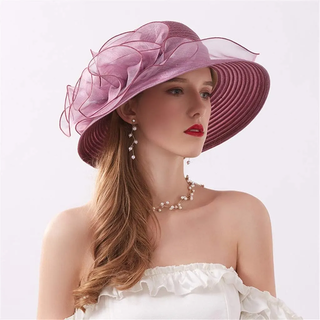 Fascinator Hat for Women Tea Party Easter Outfits Wide Brim Organza Flower Derby Church Bucket Hats Bridal Sunhat