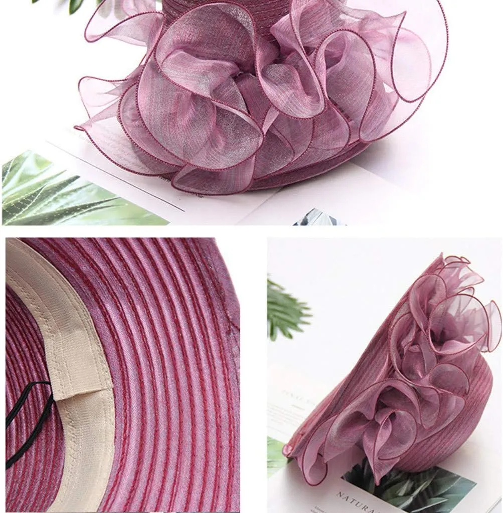 Fascinator Hat for Women Tea Party Easter Outfits Wide Brim Organza Flower Derby Church Bucket Hats Bridal Sunhat