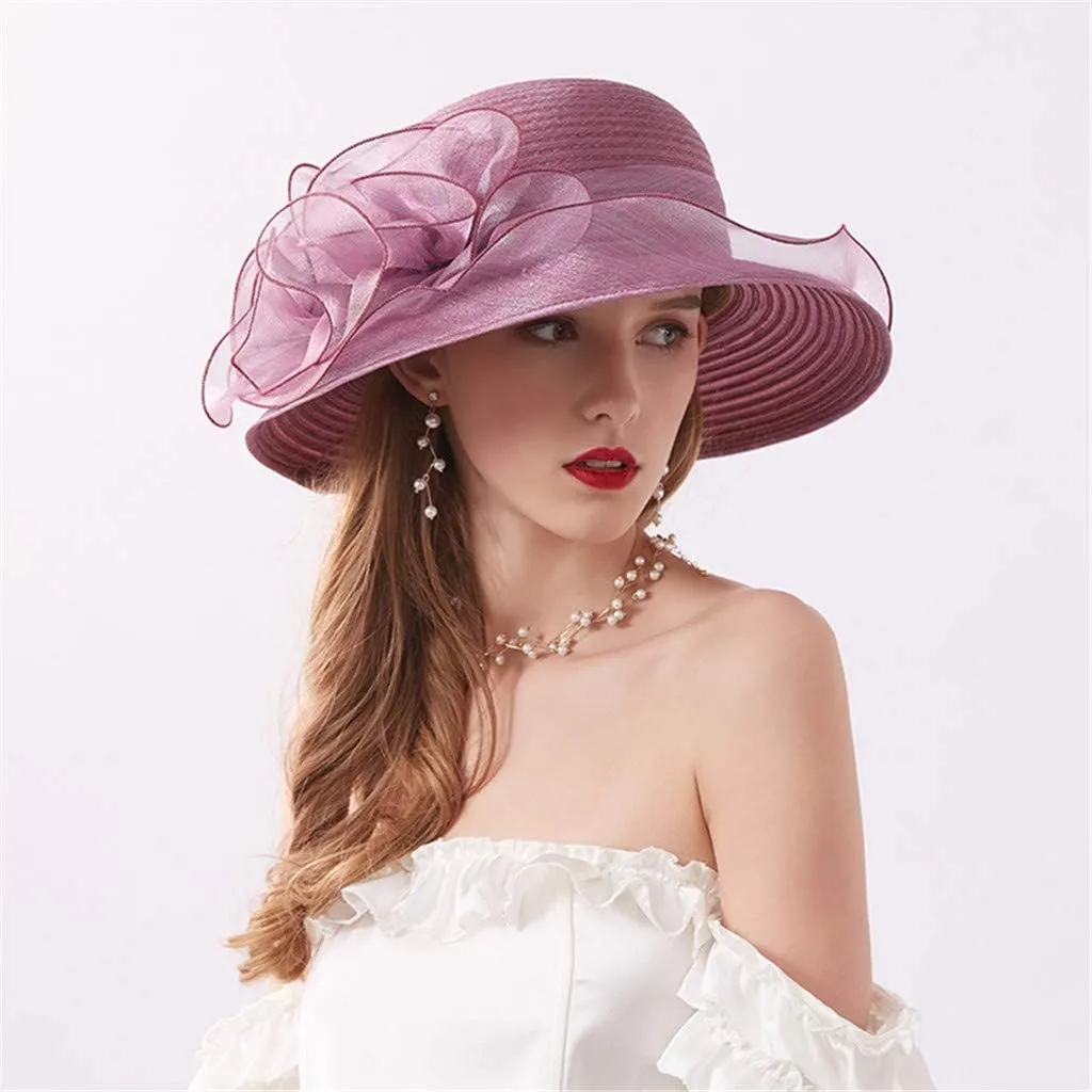 Fascinator Hat for Women Tea Party Easter Outfits Wide Brim Organza Flower Derby Church Bucket Hats Bridal Sunhat