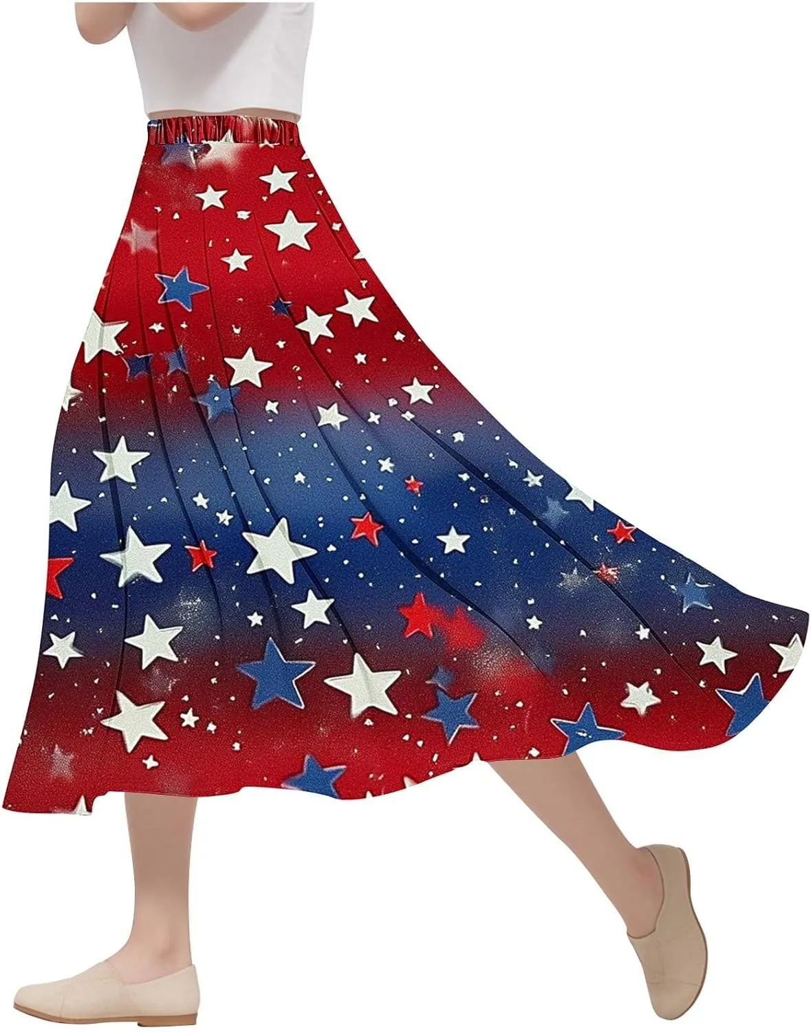 Fashion Independence Day Flowy Long Skirt for Women, Summer High Waist Ruched Casual Skirts Happy Holiday Party Clothes
