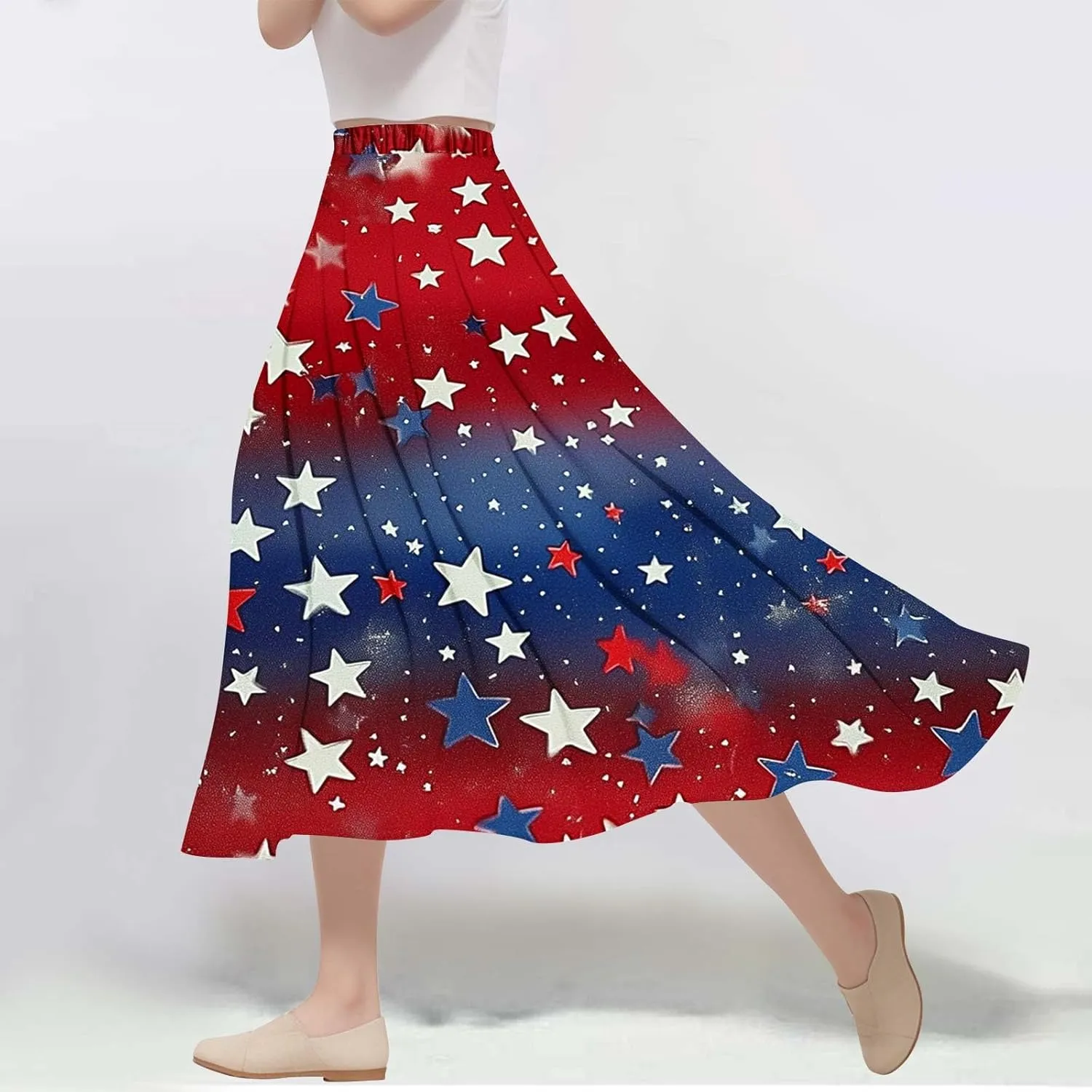 Fashion Independence Day Flowy Long Skirt for Women, Summer High Waist Ruched Casual Skirts Happy Holiday Party Clothes