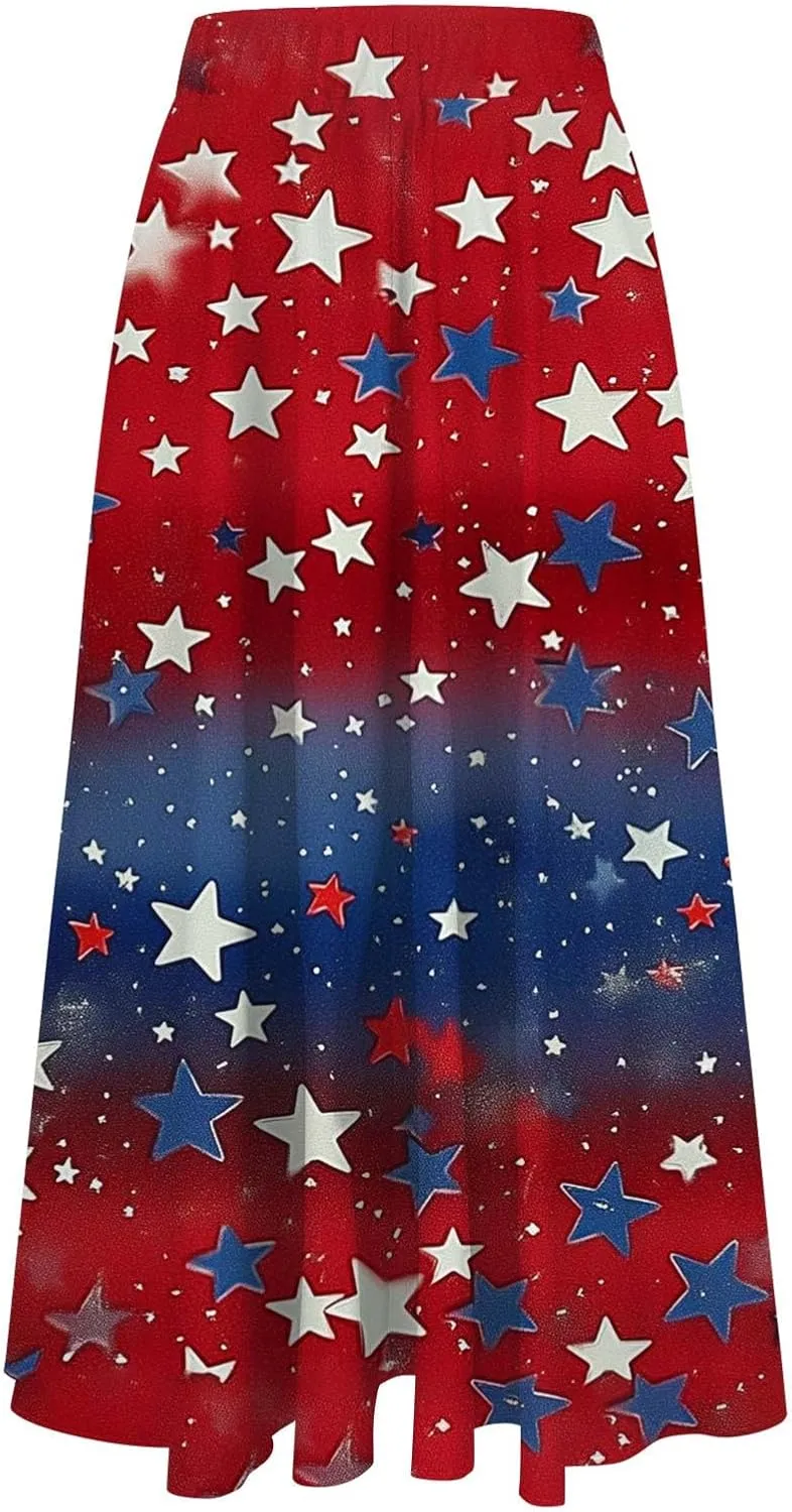 Fashion Independence Day Flowy Long Skirt for Women, Summer High Waist Ruched Casual Skirts Happy Holiday Party Clothes