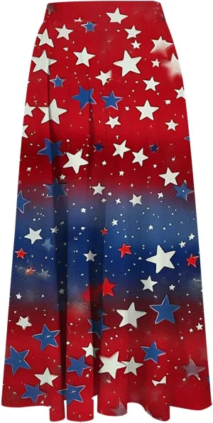 Fashion Independence Day Flowy Long Skirt for Women, Summer High Waist Ruched Casual Skirts Happy Holiday Party Clothes