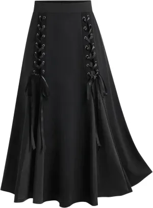 Firzero Gothic Skirt for Women Steampunk Gothic Skirt High Slit Pleated Long Maxi Skirts High Waist Punk Goth Skirts