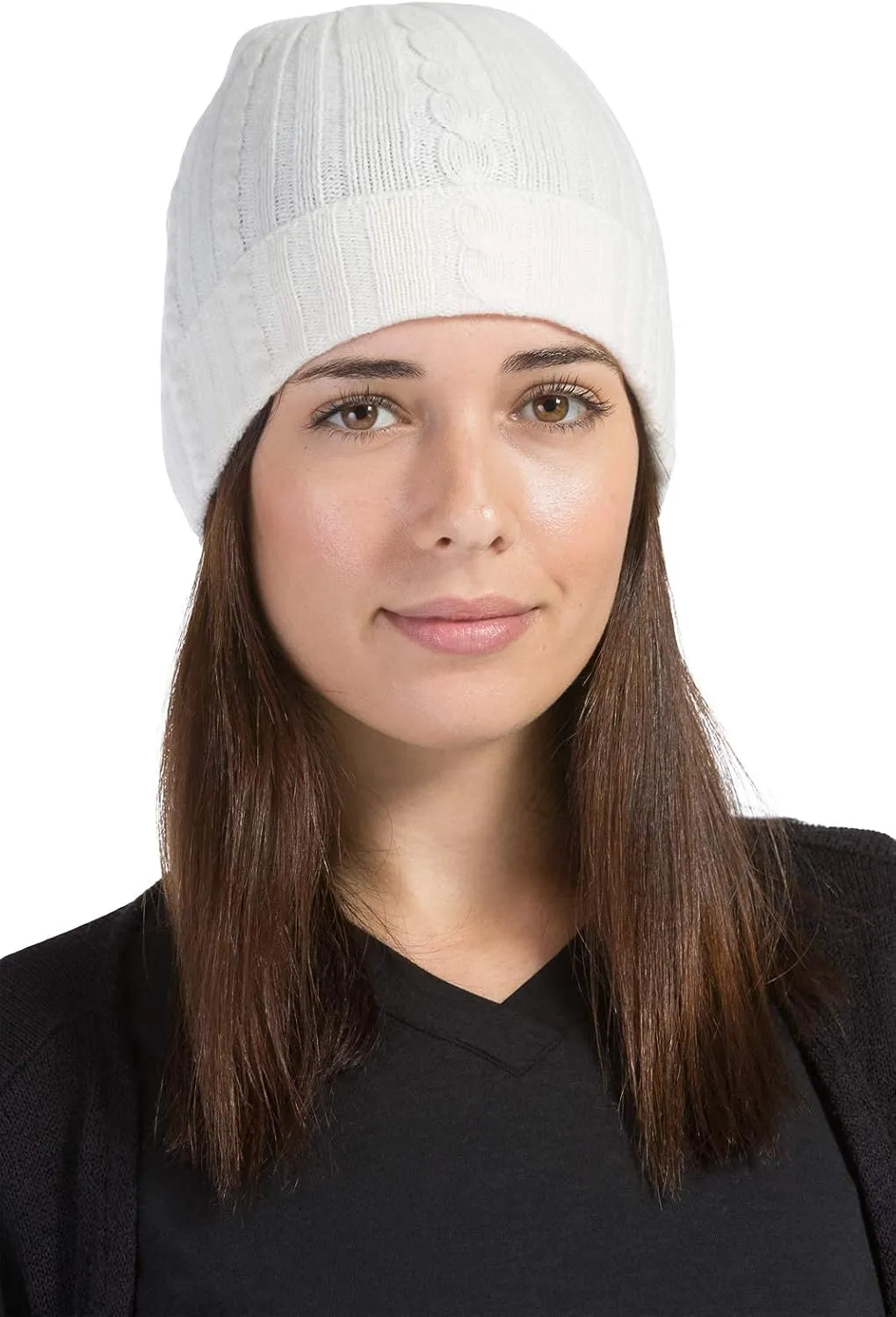 Fishers Finery Women's 100% Pure Cashmere Cable Knit Hat; Super Soft; Cuffed
