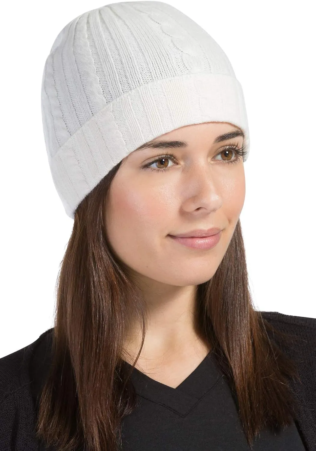 Fishers Finery Women's 100% Pure Cashmere Cable Knit Hat; Super Soft; Cuffed