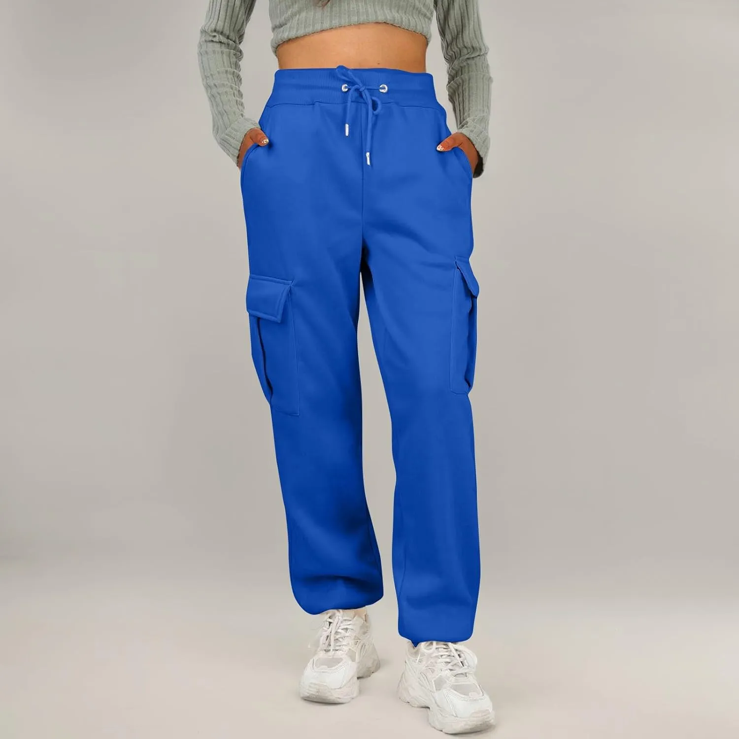 Fleece Womens Joggers with Pockets Baggy Elastic High Waisted Cargo Sweatpants Casual Lounge Ankle Jogger Pants