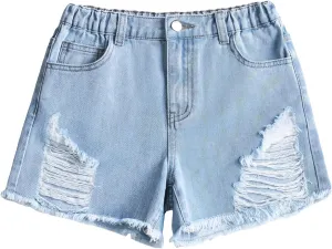 Floerns Girls Ripped Raw Hem Jeans High Waisted Wide Leg Denim Shorts