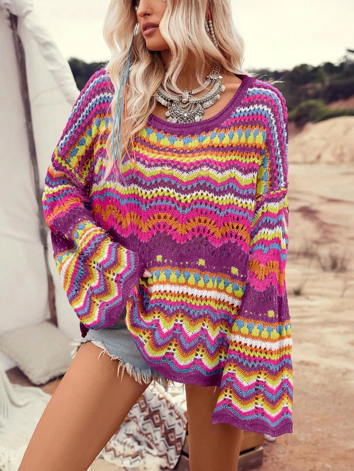 Floerns Women's Colorful Sweater Crochet Open Knit Long Sleeve Drop Shoulder Oversized Sweater
