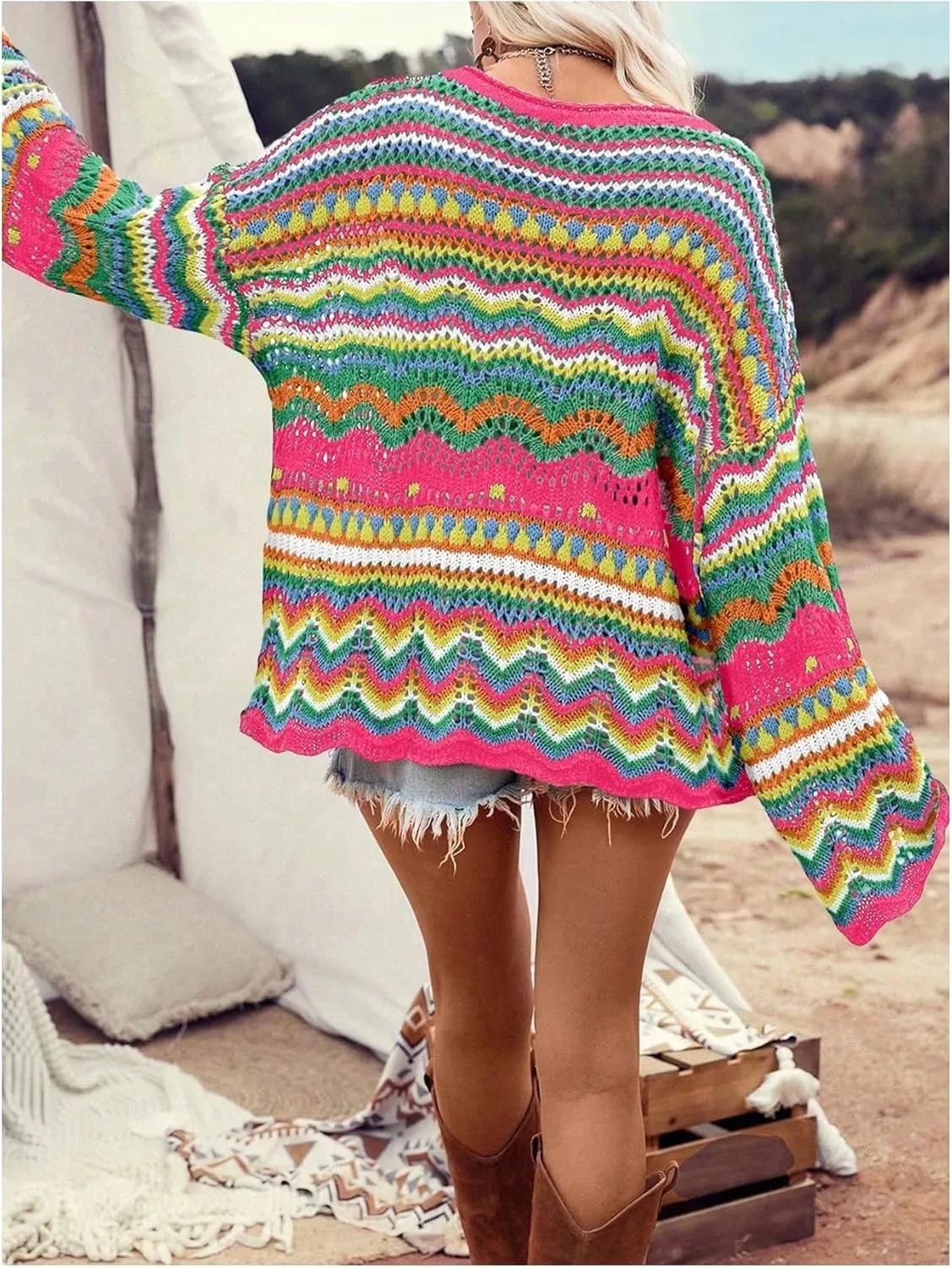 Floerns Women's Colorful Sweater Crochet Open Knit Long Sleeve Drop Shoulder Oversized Sweater
