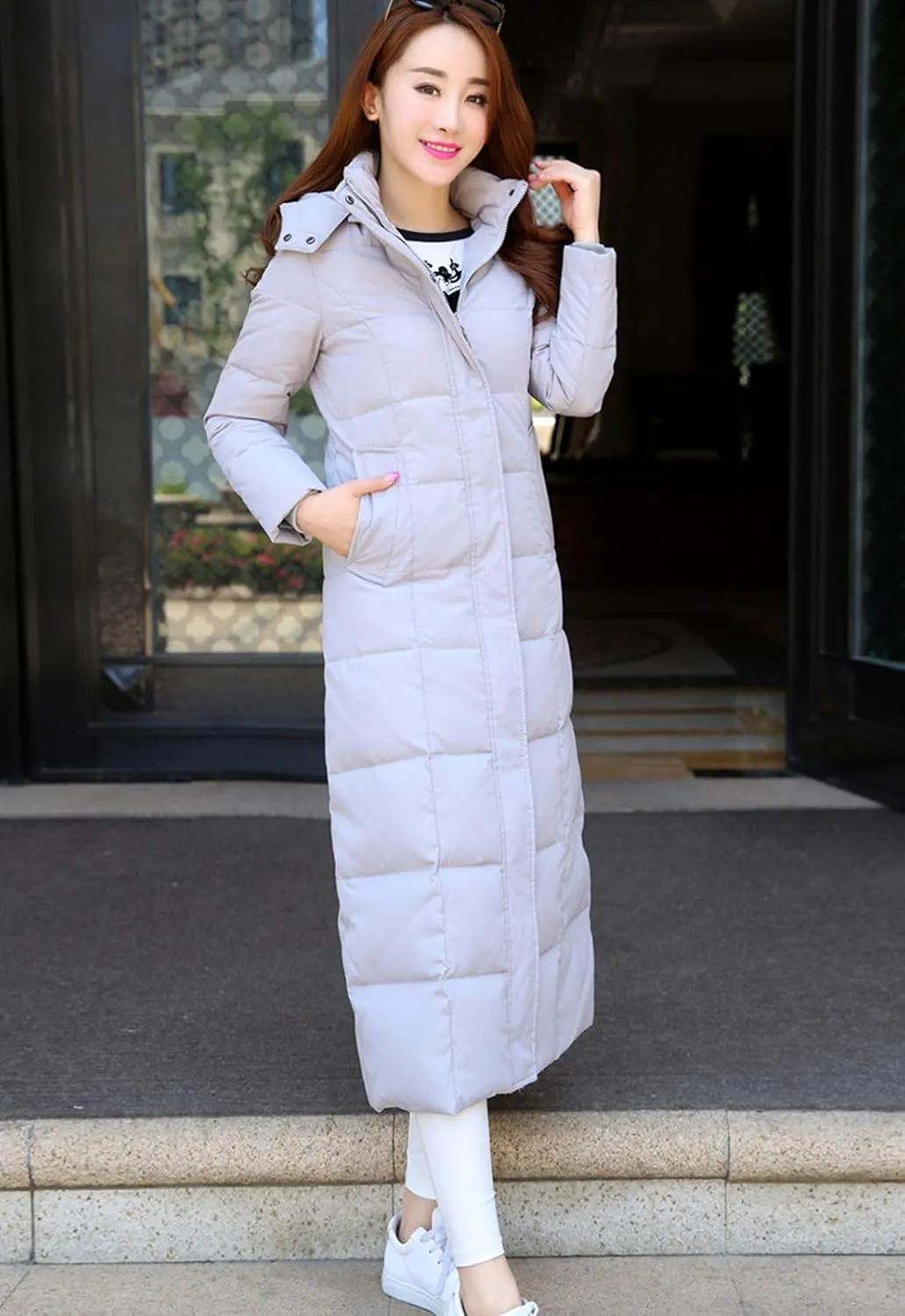 Flygo Womens Long Down Coat Hooded Maxi Down Parka Puffer Jacket Outerwear