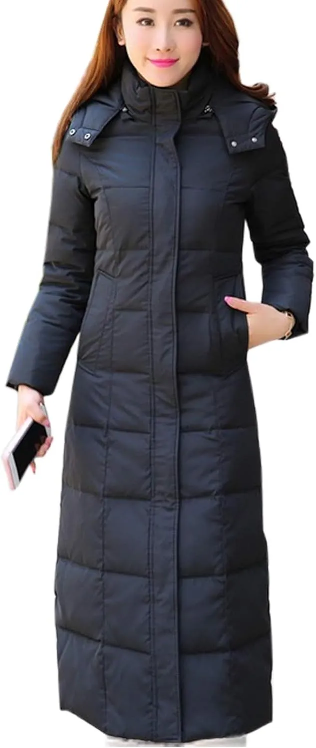 Flygo Womens Long Down Coat Hooded Maxi Down Parka Puffer Jacket Outerwear