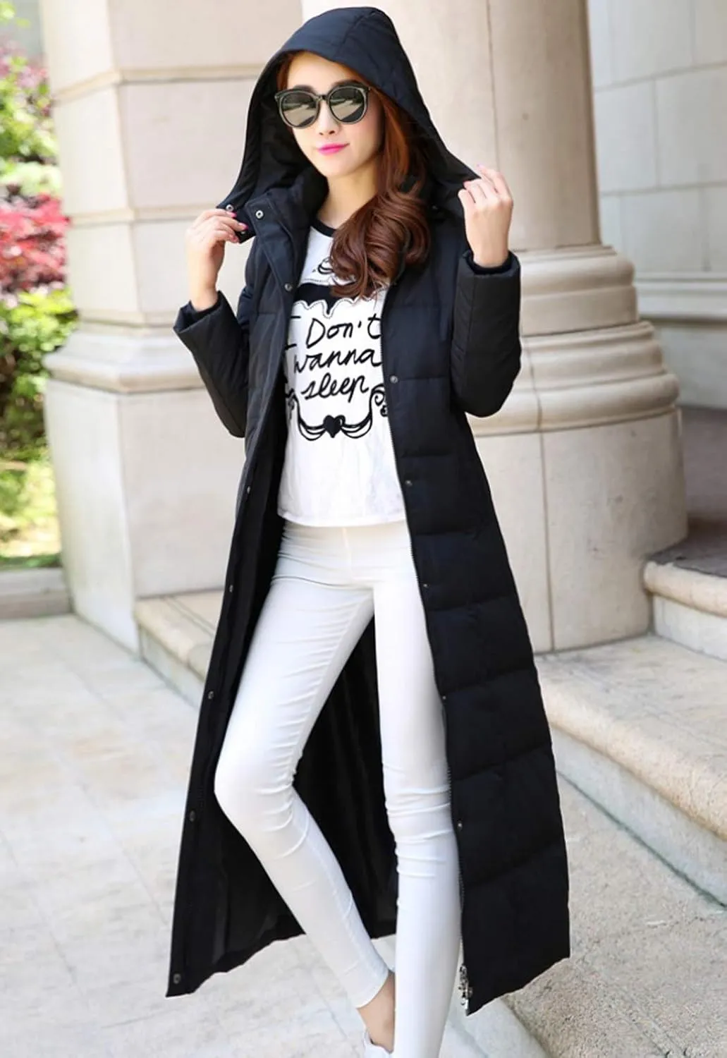 Flygo Womens Long Down Coat Hooded Maxi Down Parka Puffer Jacket Outerwear