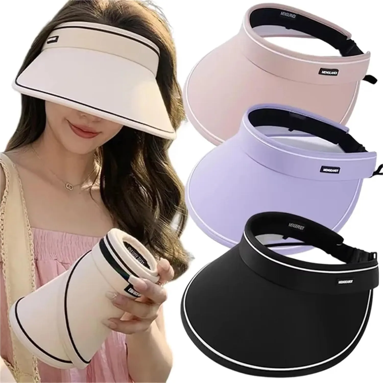 Foldable Wide Large Brim Sun Hats Summer Beach Bucket Hats for Women Empty Top Visors Cap Outdoor Sport UV Protection Female Cap(White)