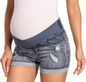 Foucome Women's Maternity Ripped Jean Shorts Roll Hem Denim Shorts Pregnancy Summer Shorts