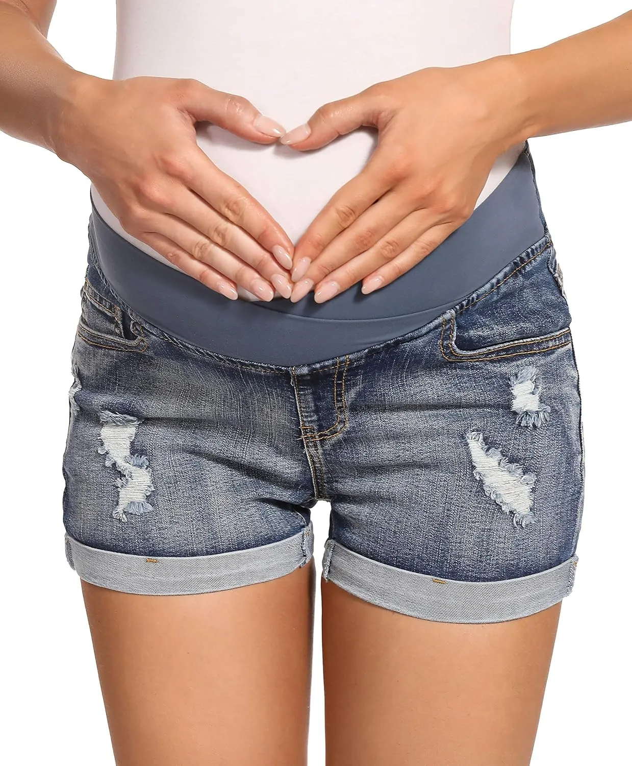 Foucome Women's Maternity Ripped Jean Shorts Roll Hem Denim Shorts Pregnancy Summer Shorts