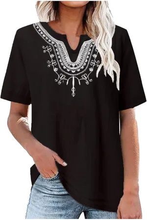 Generic 2024 Embroidered Blouses Womens Mexican Shirts Dressy Casual Short Sleeve Tunic Tops Summer Boho Cotton Linen T-Shirt