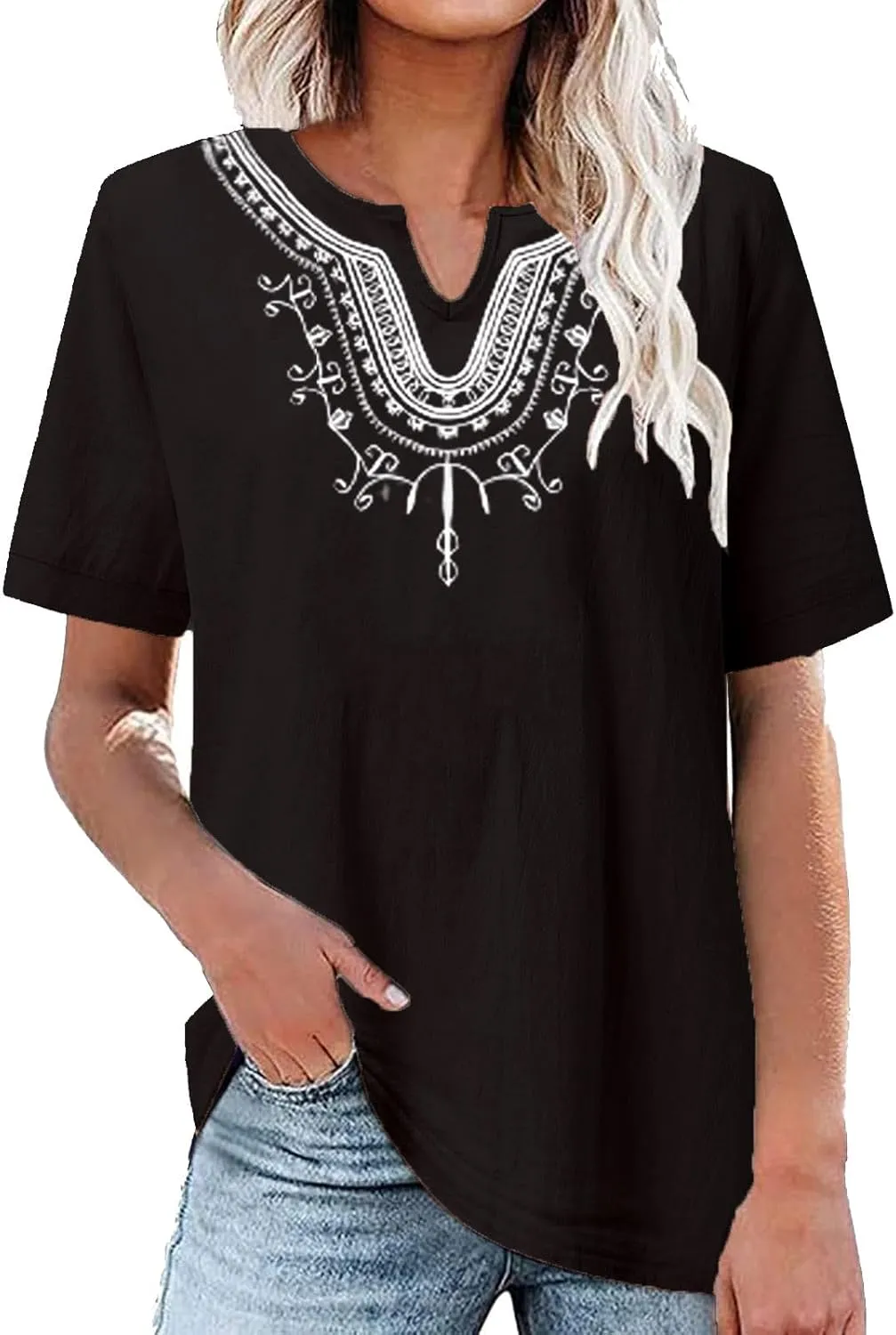 Generic 2024 Embroidered Blouses Womens Mexican Shirts Dressy Casual Short Sleeve Tunic Tops Summer Boho Cotton Linen T-Shirt