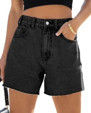 Goranbon Women's High Waisted Jean Shorts Straight Leg Raw Hem Retro Denim Shorts Summer Hot Pants with Pockets