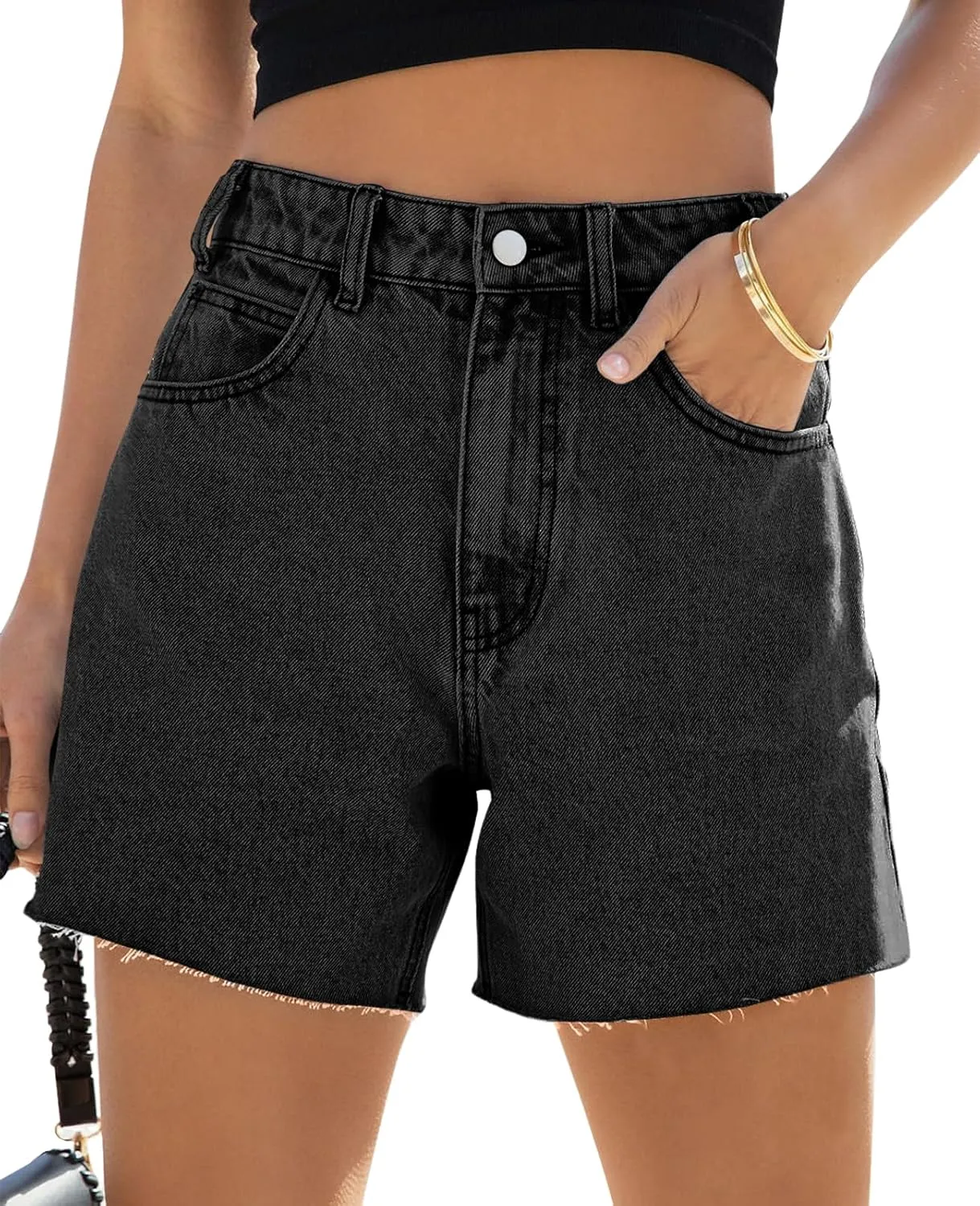 Goranbon Women's High Waisted Jean Shorts Straight Leg Raw Hem Retro Denim Shorts Summer Hot Pants with Pockets