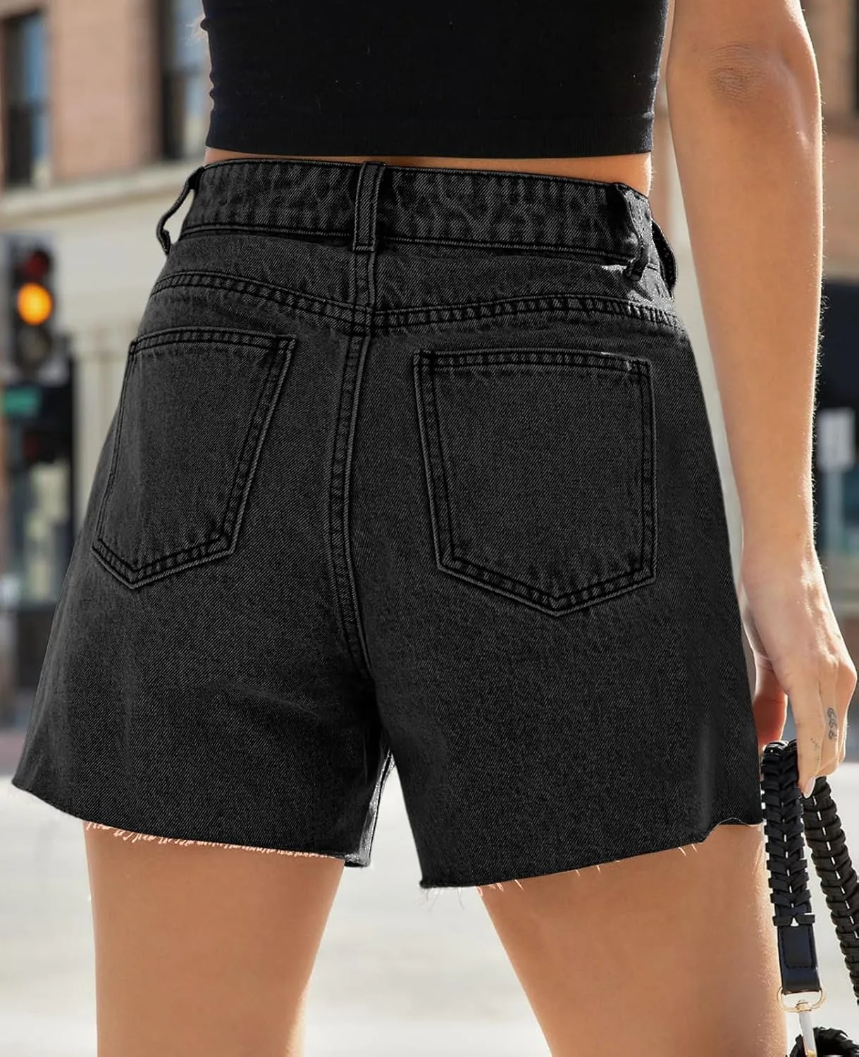 Goranbon Women's High Waisted Jean Shorts Straight Leg Raw Hem Retro Denim Shorts Summer Hot Pants with Pockets