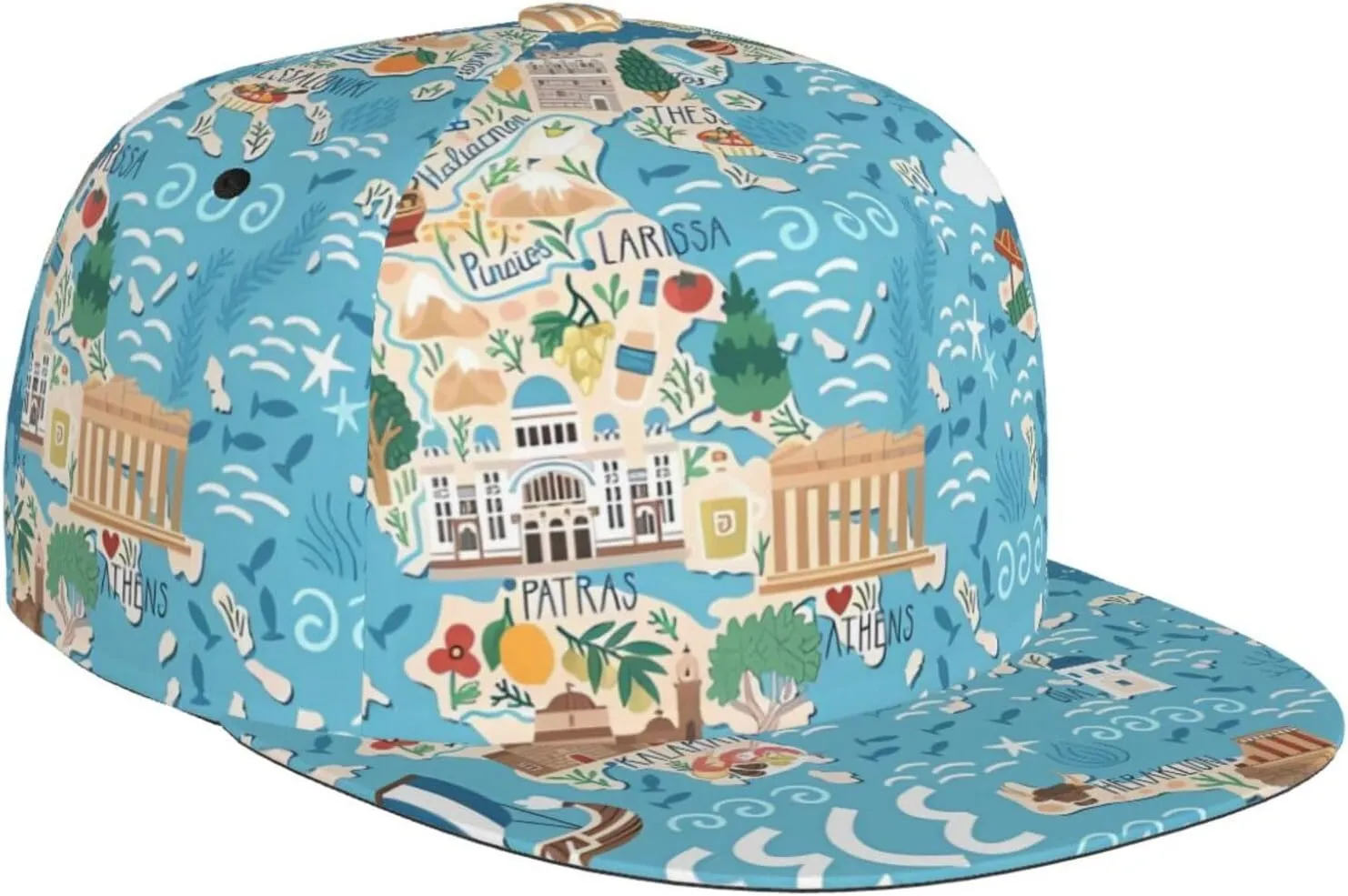 Greece Map Printed Baseball Cap, Flat Brim Hats for Men Women, Funny Adjustable Snapback Hats