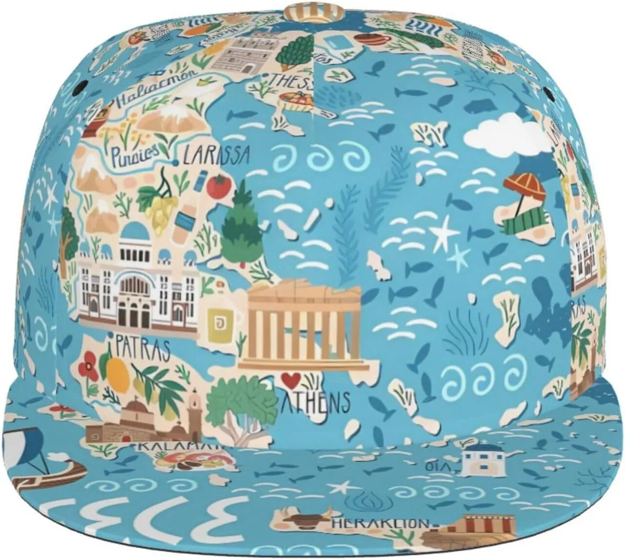 Greece Map Printed Baseball Cap, Flat Brim Hats for Men Women, Funny Adjustable Snapback Hats